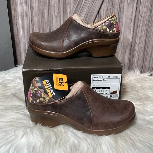Ariat Hera Expert Clog - Women's 7.5 Distresses Brown with Floral Pattern - Picture 1 of 8